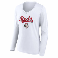 Cincinnati Reds Women's Team Lockup Long Sleeve V-Neck T-Shirt White