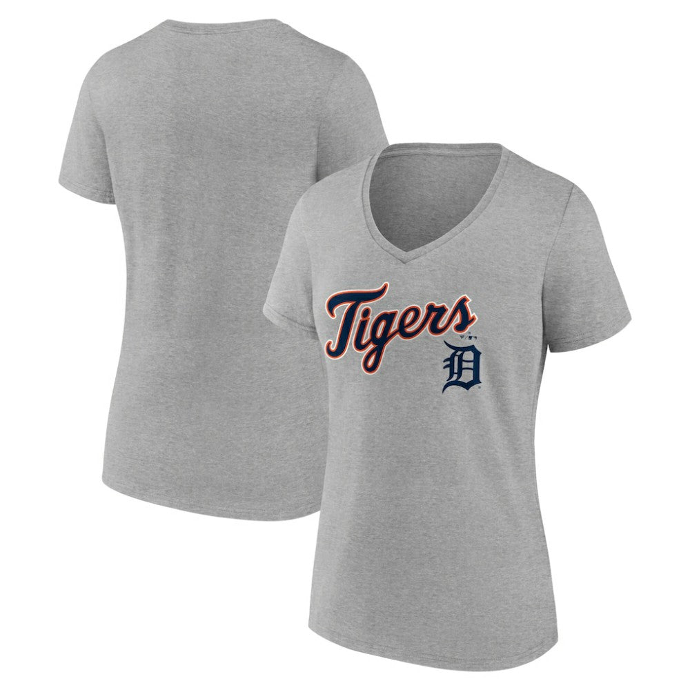 Detroit Tigers Women's Team Lockup V-Neck T-Shirt Gray