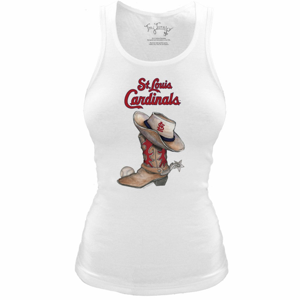 St. Louis Cardinals Tiny Turnip Women's Fitted Vintage Cowboy Boot Tri-Blend Tank Top White