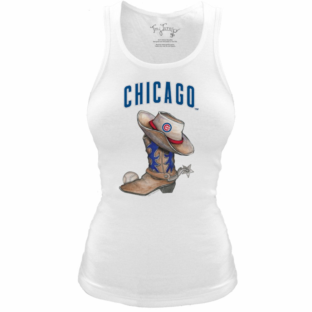 Chicago Cubs Tiny Turnip Women's Fitted Vintage Cowboy Boot Tri-Blend Tank Top White