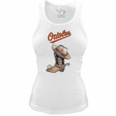 Baltimore Orioles Tiny Turnip Women's Fitted Vintage Cowboy Boot Tri-Blend Tank Top White