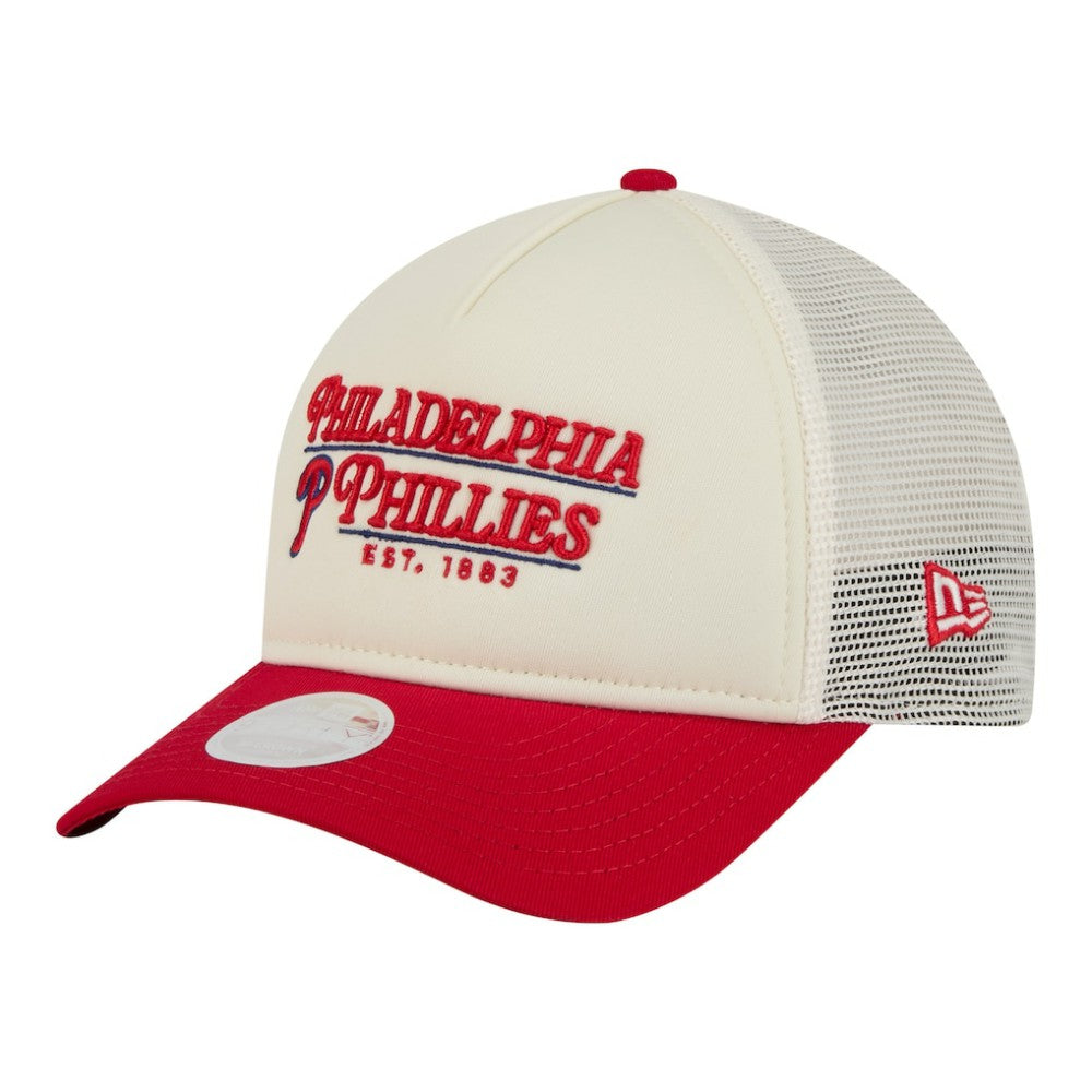 Philadelphia Phillies Women's Retro 9FORTY M-Crown A-Frame Trucker Adjustable Hat Light Beige/Red | New Era