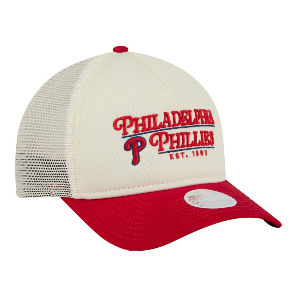 Philadelphia Phillies Women's Retro 9FORTY M-Crown A-Frame Trucker Adjustable Hat Light Beige/Red | New Era