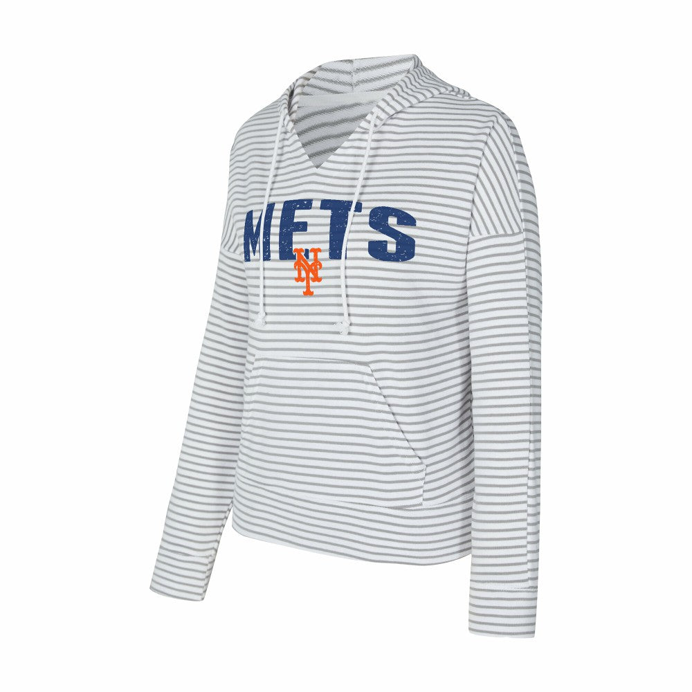 New York Mets Concepts Sport Women's Liftoff Striped V-Neck Hoodie White/Gray