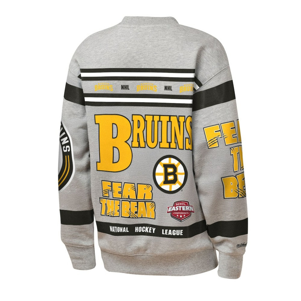 Boston Bruins Mitchell & Ness Youth Allover Print Fleece Crewneck Sweatshirt Heather Gray