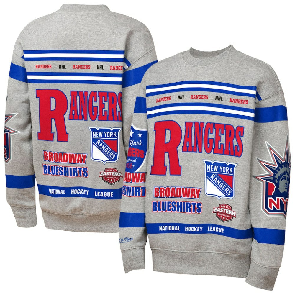 New York Rangers Mitchell & Ness Youth Allover Print Fleece Crewneck Sweatshirt Heather Gray