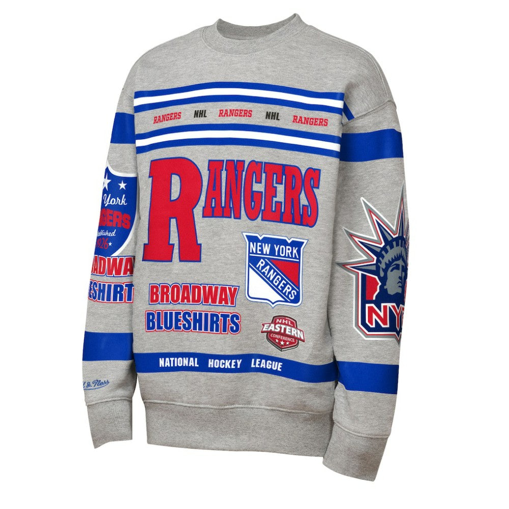 New York Rangers Mitchell & Ness Youth Allover Print Fleece Crewneck Sweatshirt Heather Gray