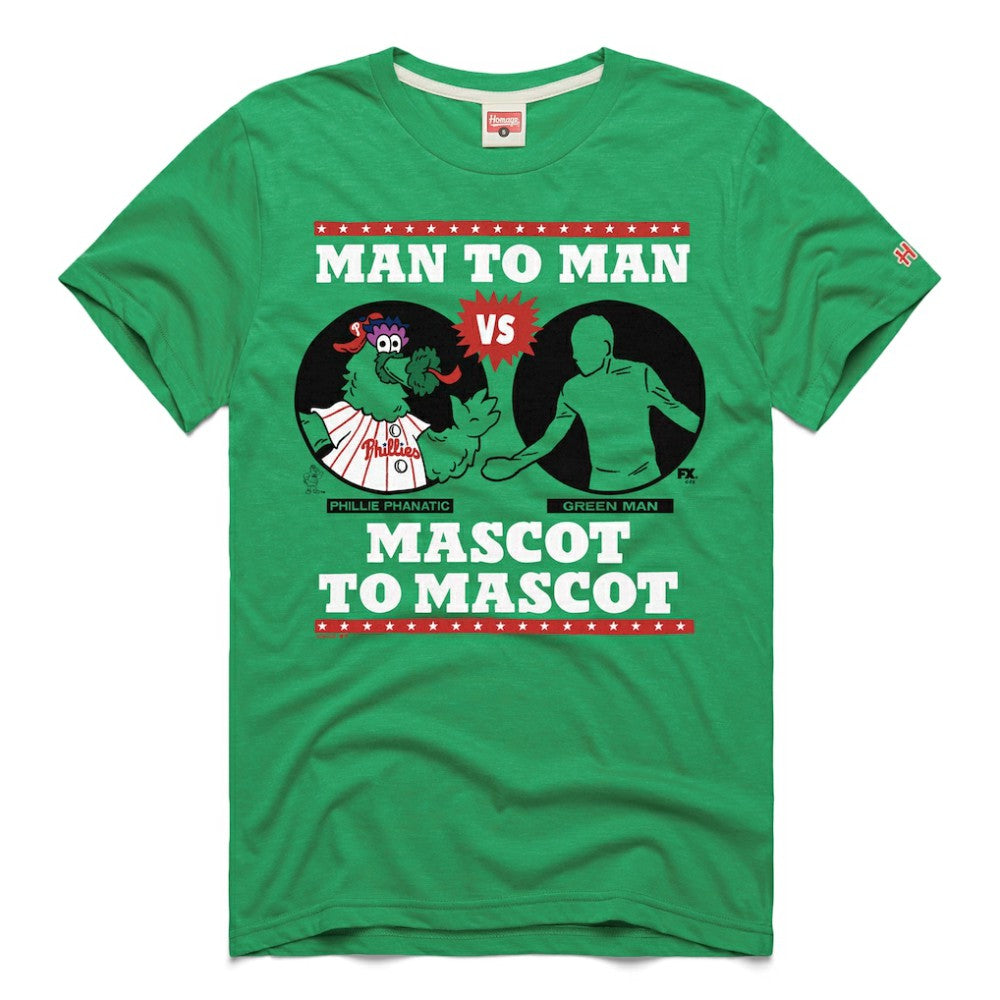 Philadelphia Phillies x It's Always Sunny in Philadelphia Homage Male Adult Phillie Phanatic vs Green Man T-Shirt Green