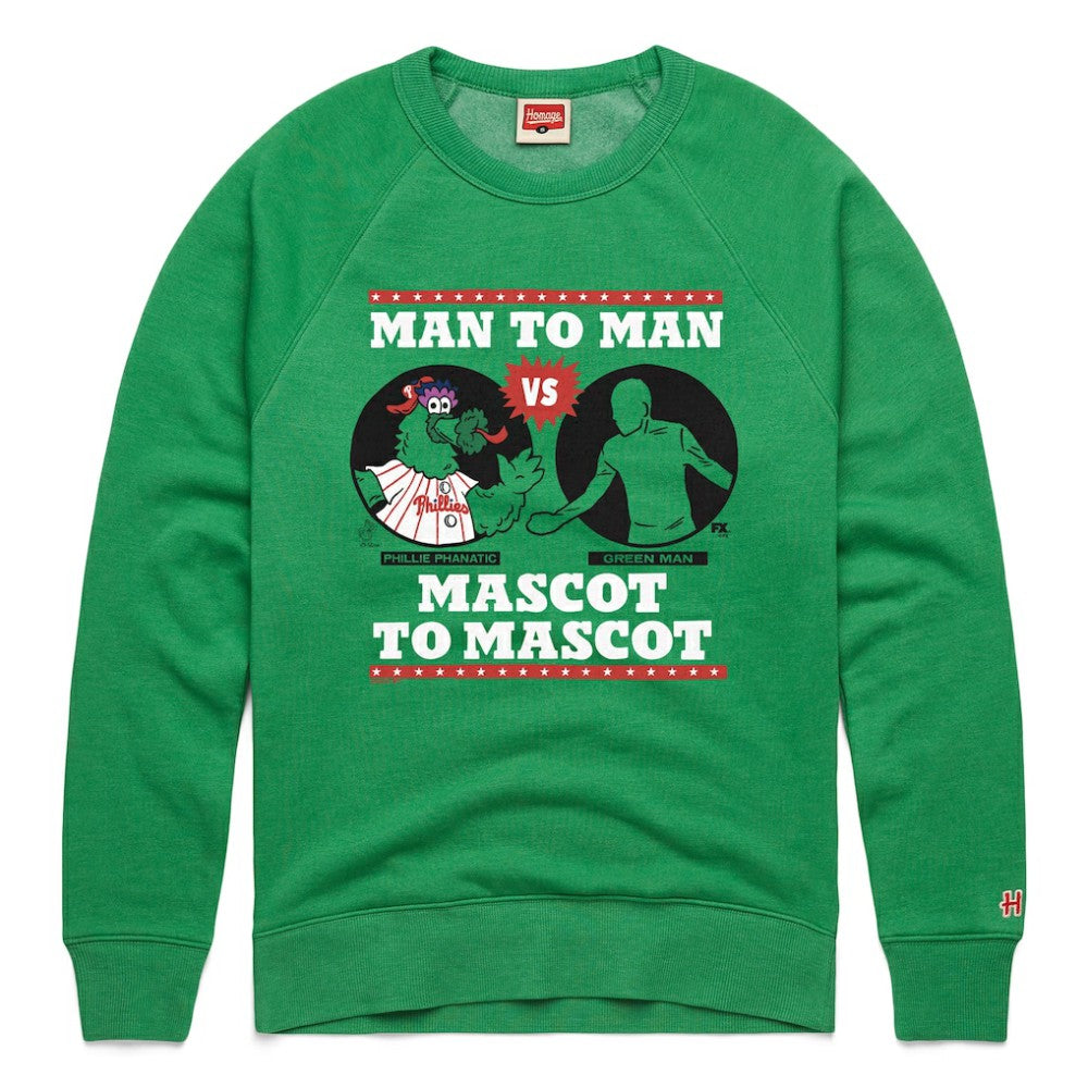 Philadelphia Phillies x It's Always Sunny in Philadelphia Homage Male Adult Phillie Phanatic vs Green Man Sweatshirt Green
