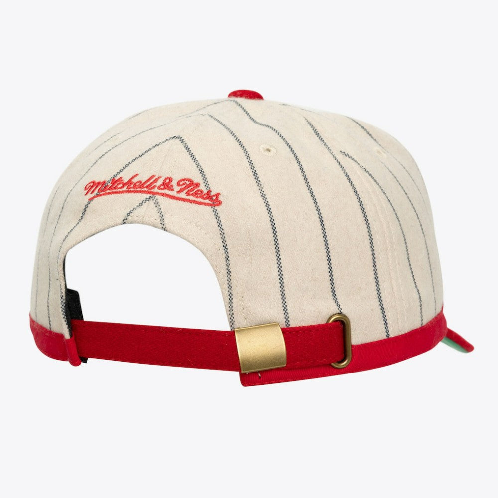 Cincinnati Reds Unisex Vintage Ground Melton Wool Pinstripe Adjustable Hat Cream | Mitchell & Ness