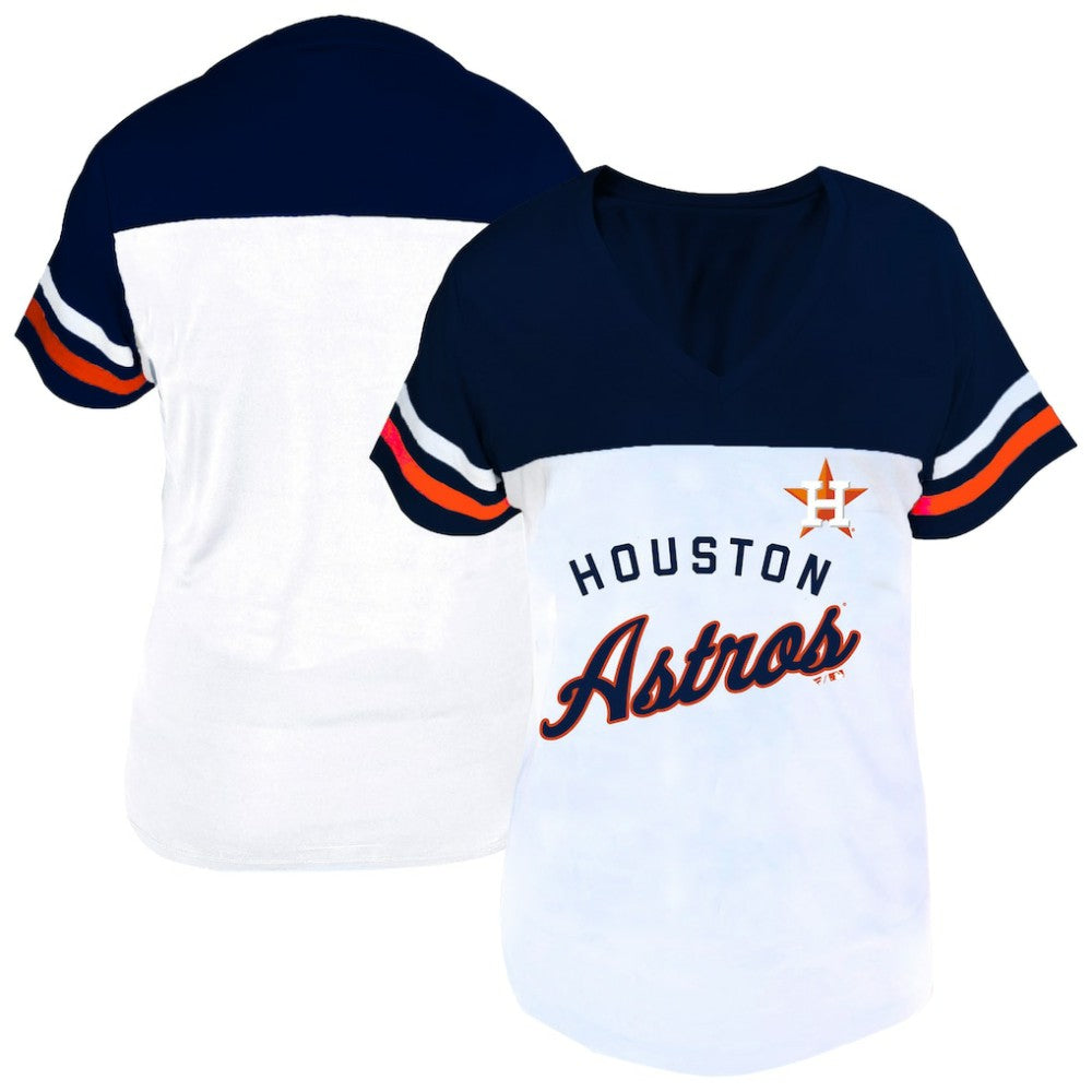 Houston Astros Profile Women's Plus Size Two-Stripe V-Neck T-Shirt White/Navy