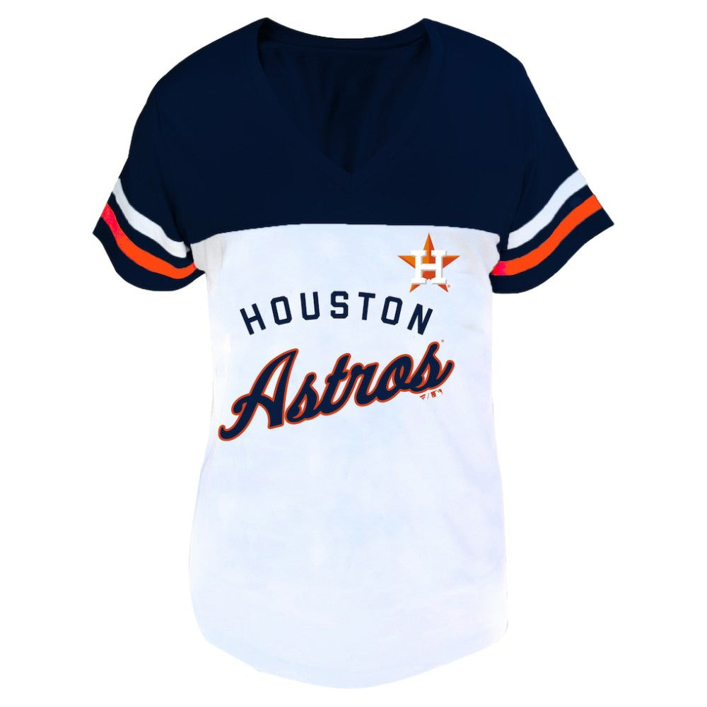 Houston Astros Profile Women's Plus Size Two-Stripe V-Neck T-Shirt White/Navy