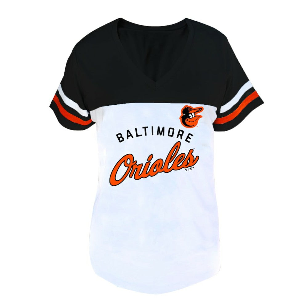 Baltimore Orioles Profile Women's Plus Size Two-Stripe V-Neck T-Shirt White/Black