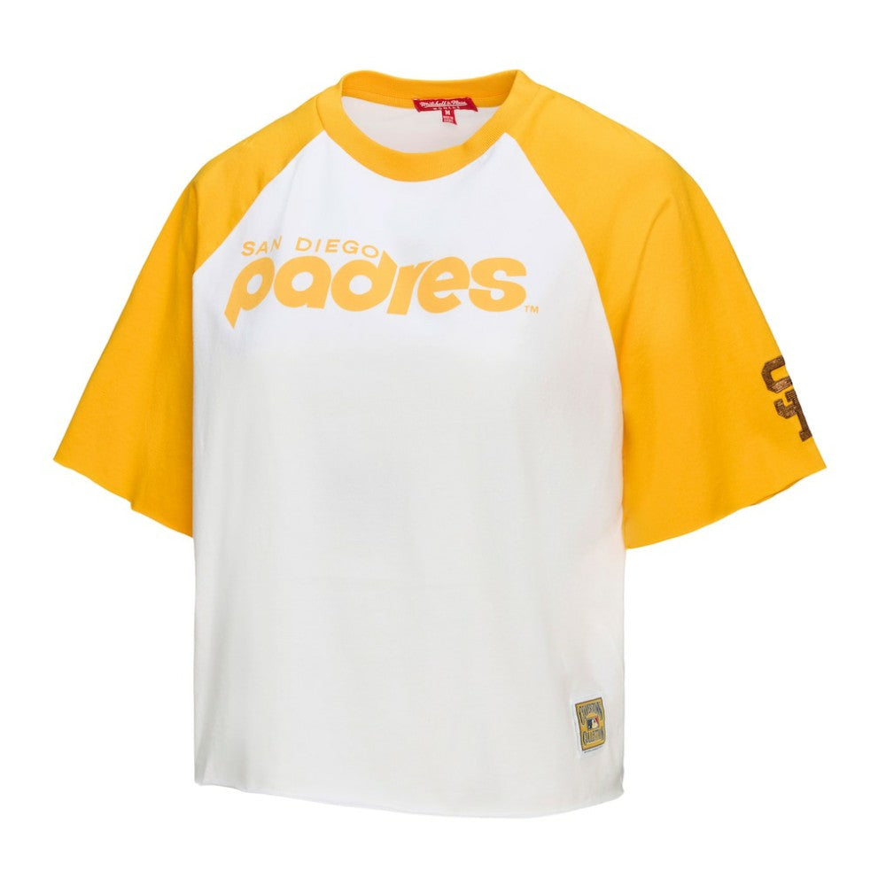 San Diego Padres Women's Cropped Raglan Boxy T-Shirt White | Mitchell & Ness