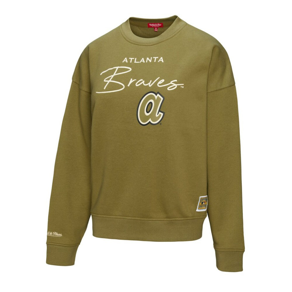 Atlanta Braves Women's Oversized Crewneck Sweatshirt Olive | Mitchell & Ness