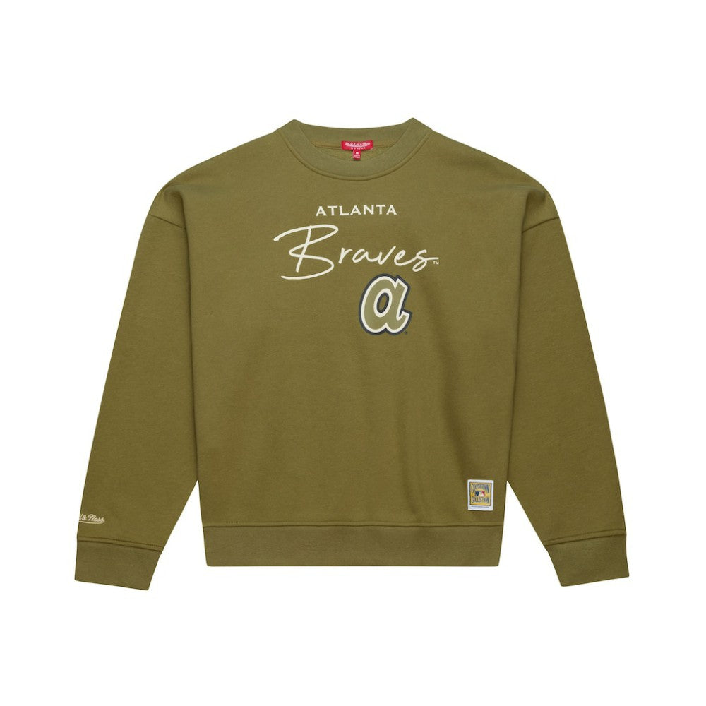 Atlanta Braves Women's Oversized Crewneck Sweatshirt Olive | Mitchell & Ness