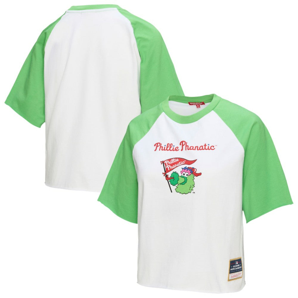 Philadelphia Phillies Women's Cropped Raglan Mascot Boxy T-Shirt White | Mitchell & Ness
