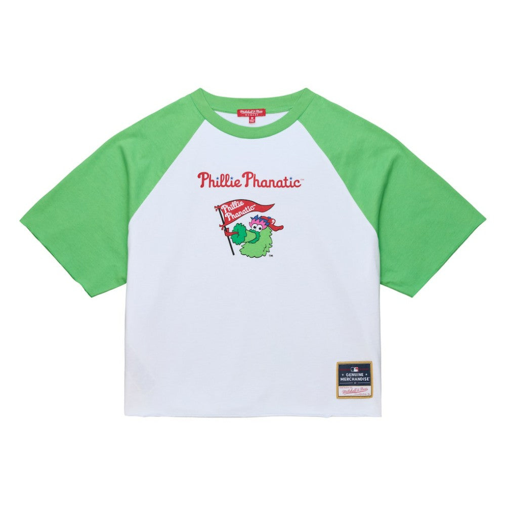 Philadelphia Phillies Women's Cropped Raglan Mascot Boxy T-Shirt White | Mitchell & Ness