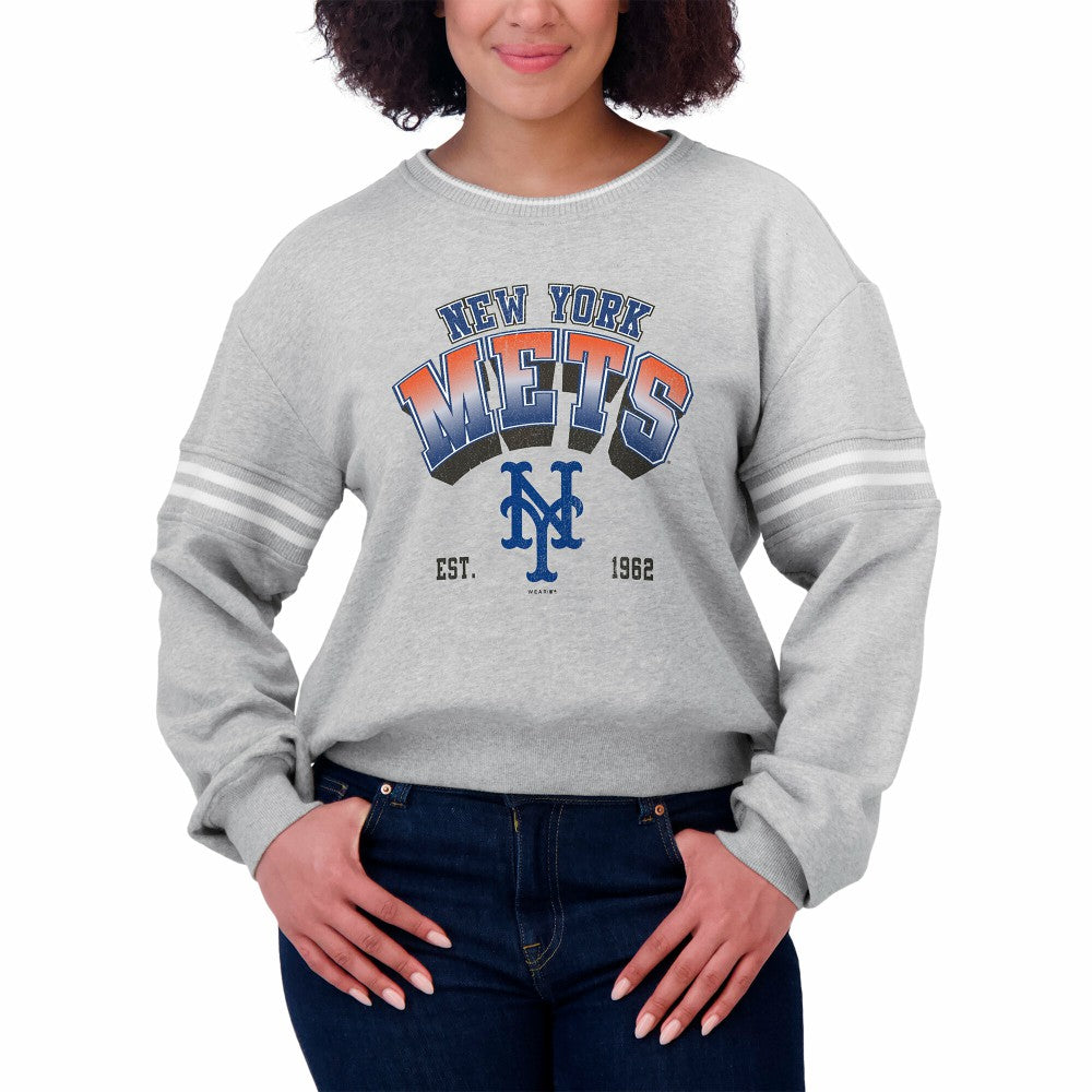 New York Mets WEAR by Erin Andrews Women's Sleeve Stripe Fleece Sweatshirt Gray