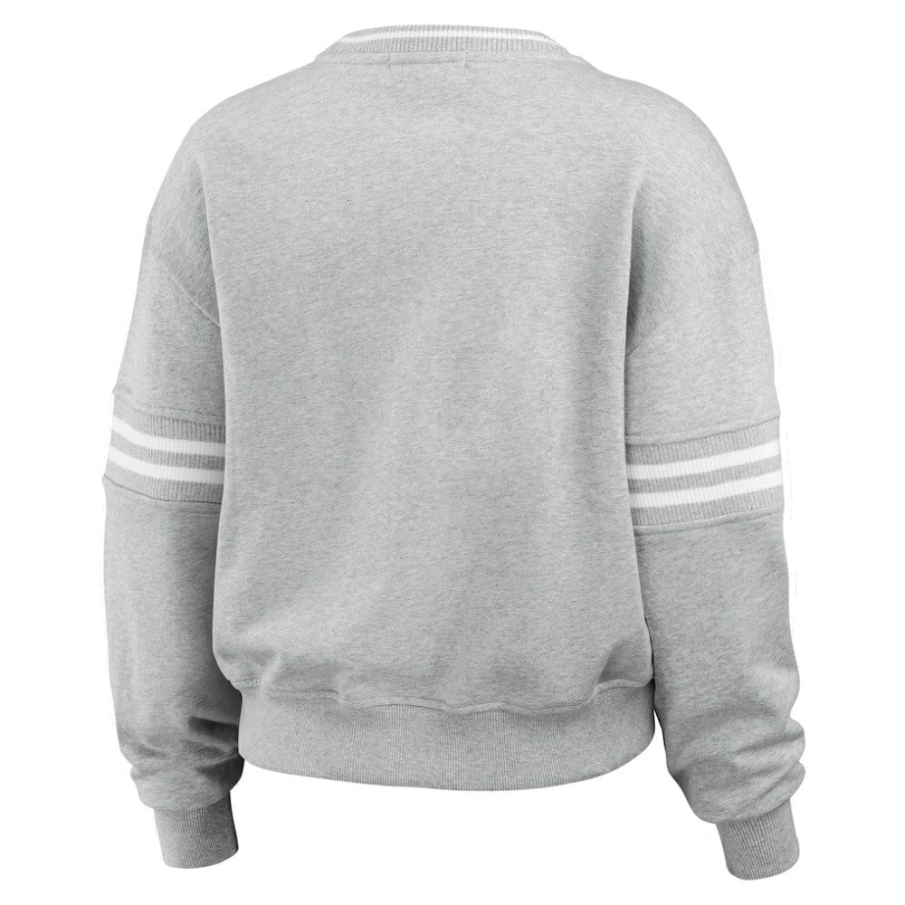 New York Yankees WEAR by Erin Andrews Women's Sleeve Stripe Fleece Crewneck Sweatshirt Gray