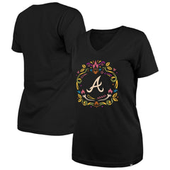 Atlanta Braves Women's Día de los Muertos V-Neck T-Shirt Black | New Era