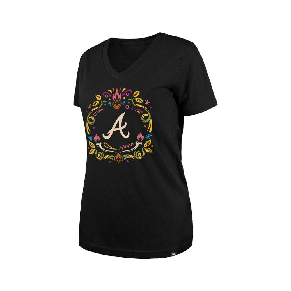 Atlanta Braves Women's Día de los Muertos V-Neck T-Shirt Black | New Era