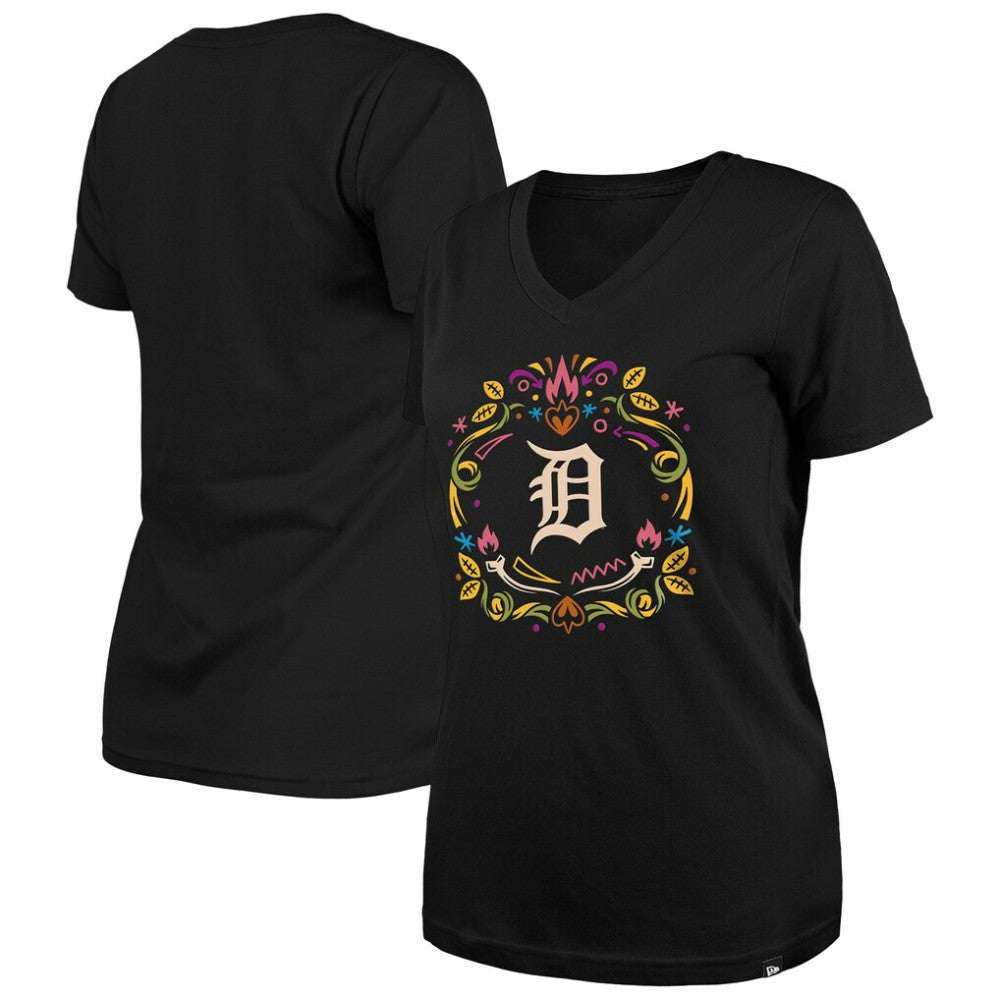 Detroit Tigers Women's Día de los Muertos V-Neck T-Shirt Black | New Era