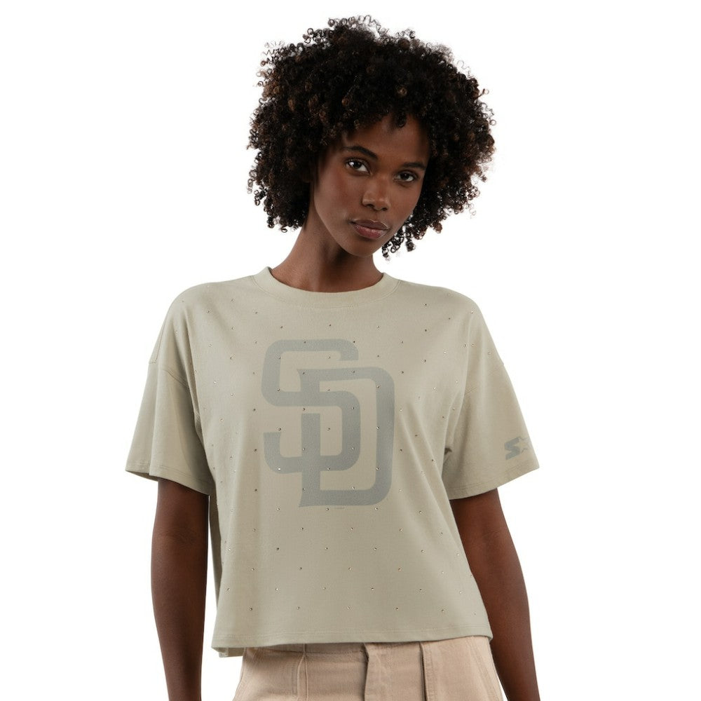 San Diego Padres Starter Women's Rhinestone Sprinkle Boxy Cropped T-Shirt Khaki