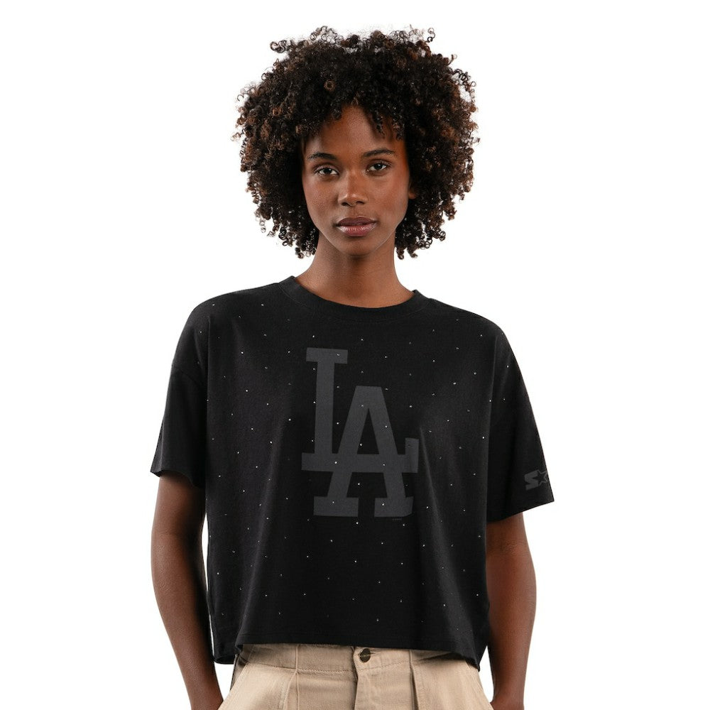 Los Angeles Dodgers Starter Women's Rhinestone Sprinkle Boxy Cropped T-Shirt Black