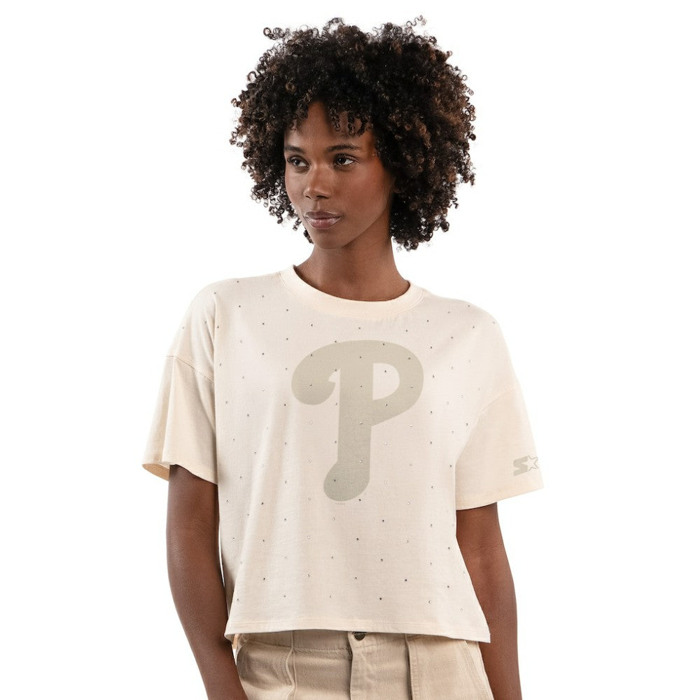 Philadelphia Phillies Starter Women's Rhinestone Sprinkle Boxy Cropped T-Shirt Cream