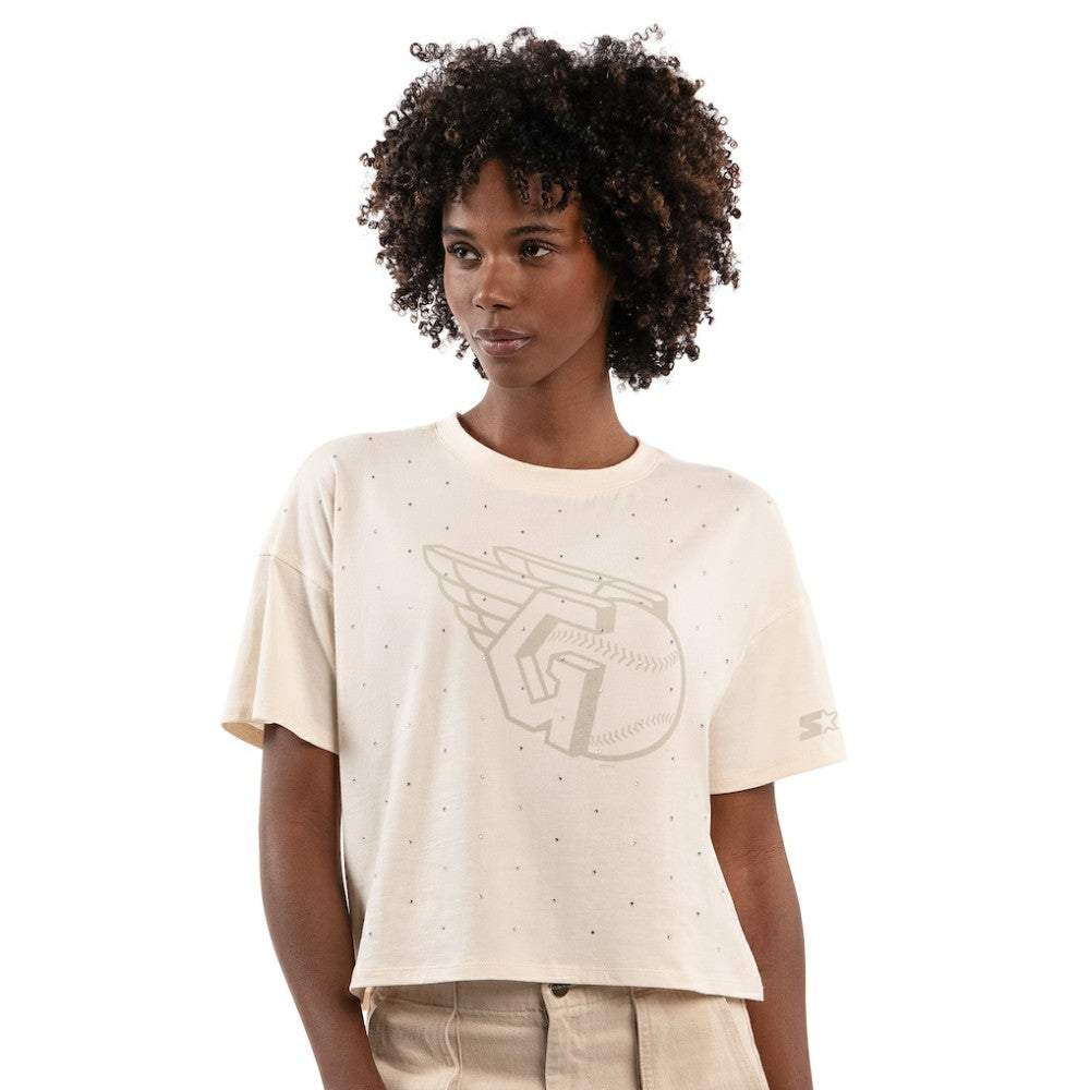 Cleveland Guardians Starter Women's Rhinestone Sprinkle Boxy Cropped T-Shirt Cream