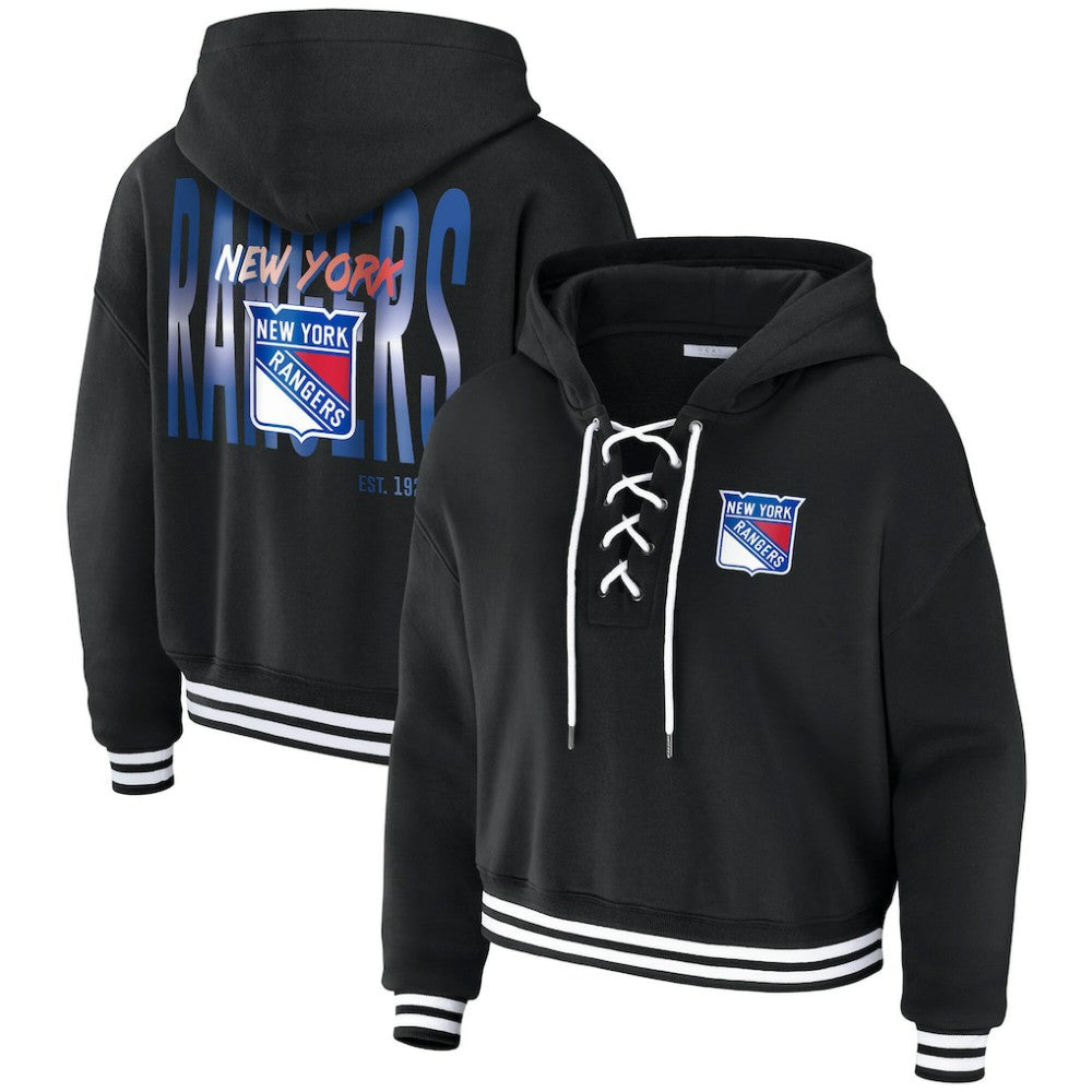 New York Rangers WEAR by Erin Andrews Women's Cropped Lace-Up Hoodie Black