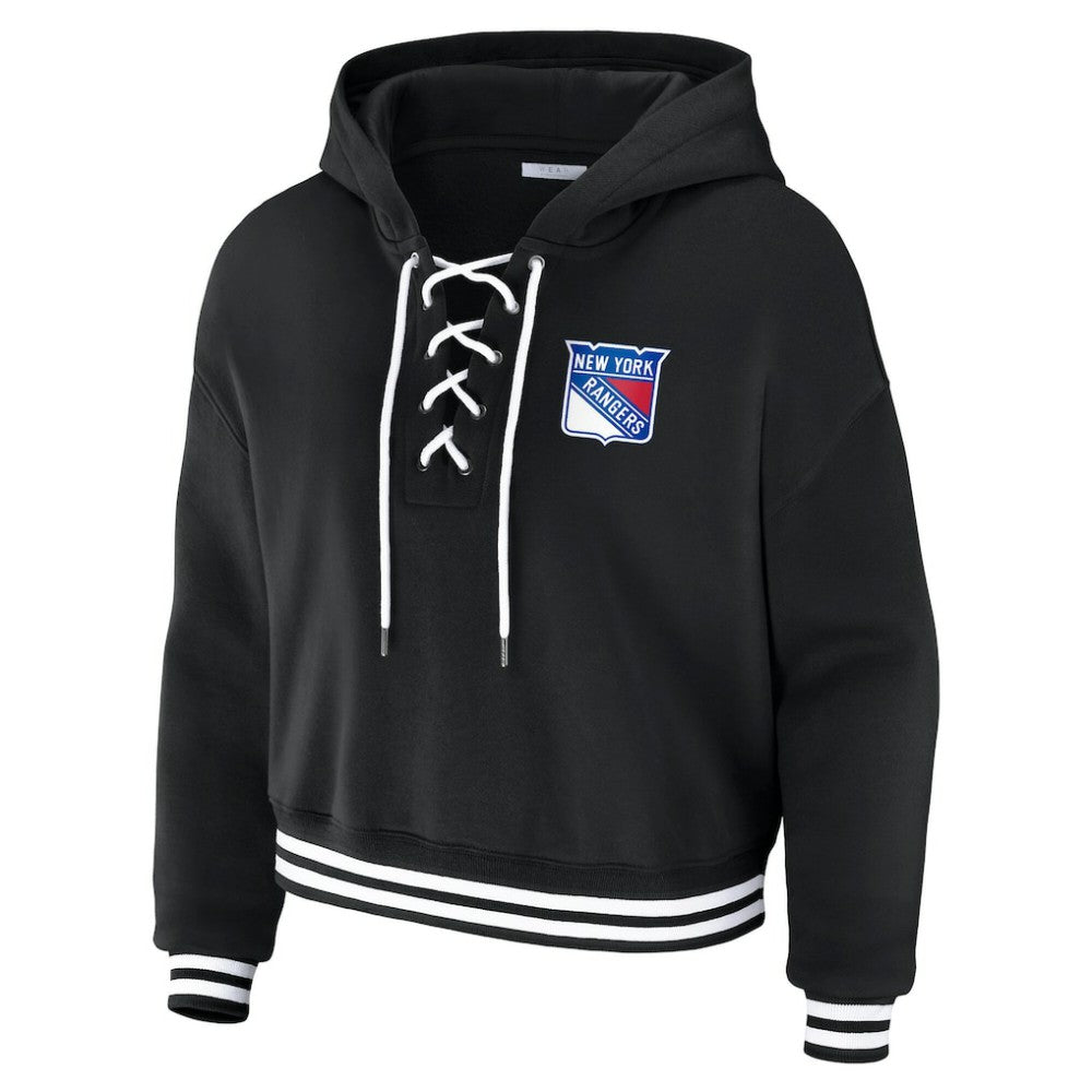 New York Rangers WEAR by Erin Andrews Women's Cropped Lace-Up Hoodie Black