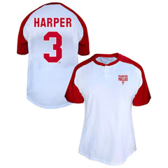 Bryce Harper Philadelphia Phillies Profile Women's Plus Size Name & Number Raglan Henley T-Shirt White