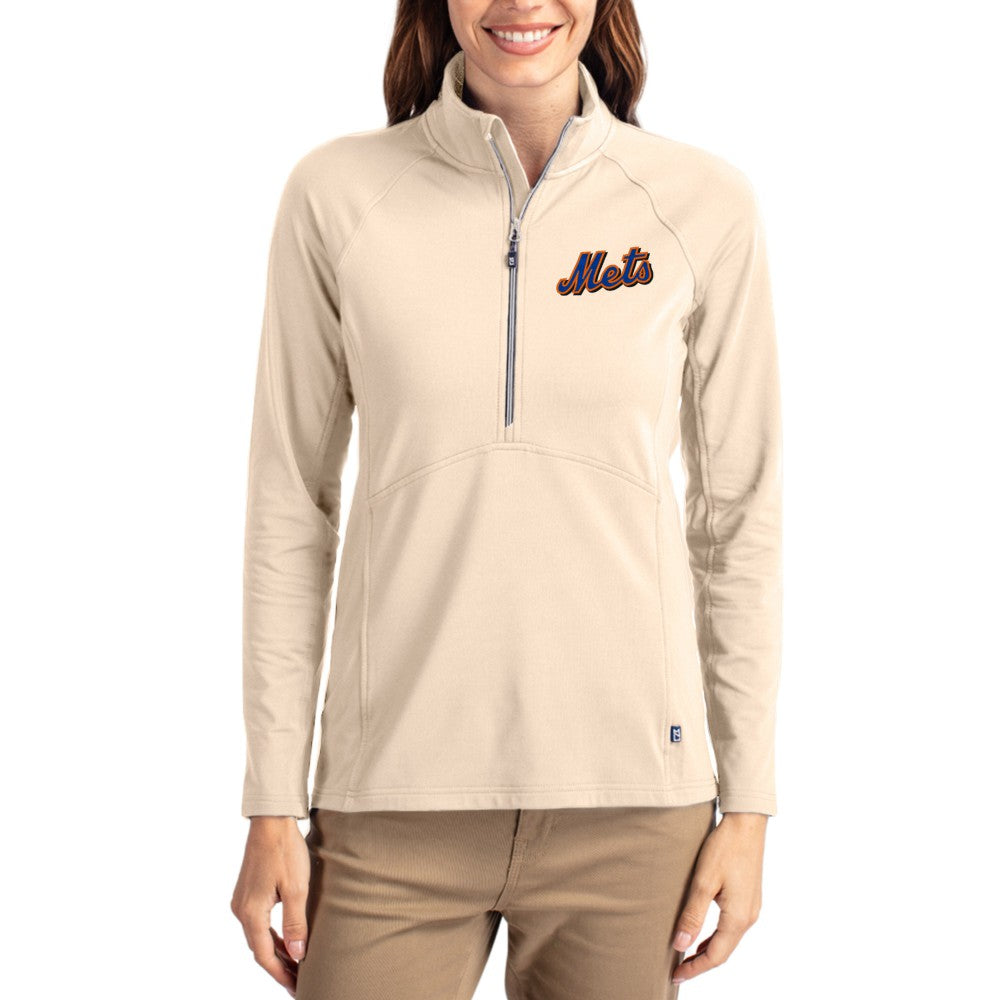 New York Mets Cutter & Buck Women's Cooperstown Collection Adapt Eco Knit Stretch Half-Zip Pullover Tan