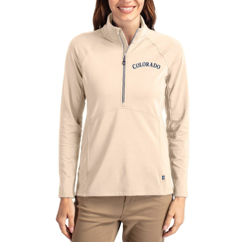 Colorado Rockies Cutter & Buck Women's Cooperstown Collection Adapt Eco Knit Stretch Half-Zip Pullover Tan