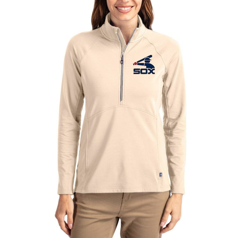 Chicago White Sox Cutter & Buck Women's Cooperstown Collection Adapt Eco Knit Stretch Half-Zip Pullover Tan