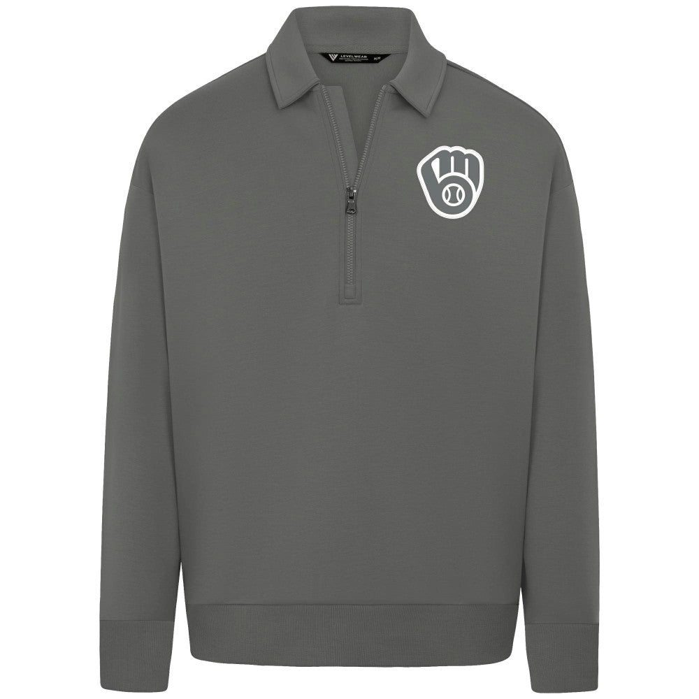 Milwaukee Brewers Levelwear Women's Canmore Chenille Logo Quarter-Zip Top Stone