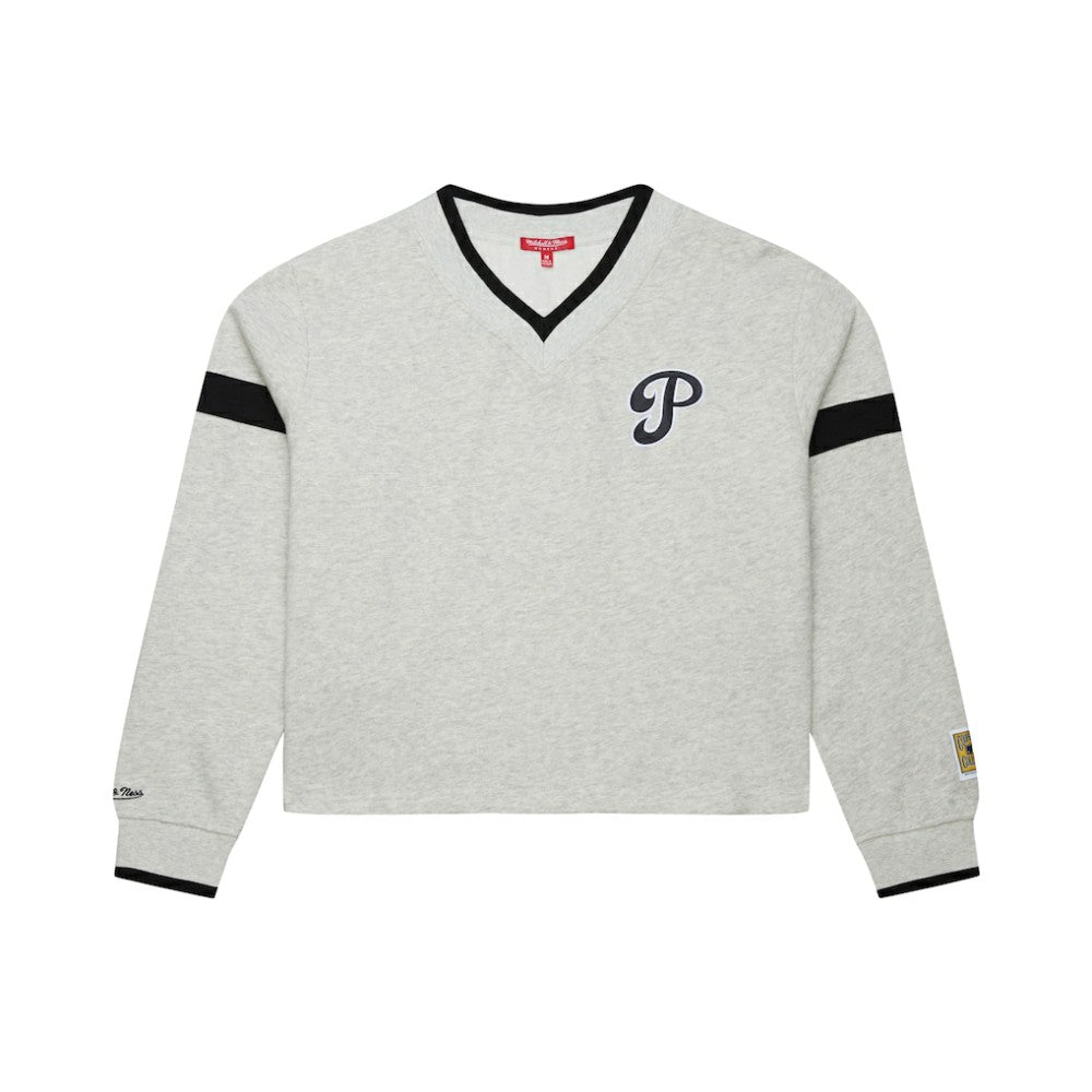 Philadelphia Phillies Women's Cooperstown Collection V-Neck Cropped Toggle Sweatshirt Heather Gray | Mitchell & Ness