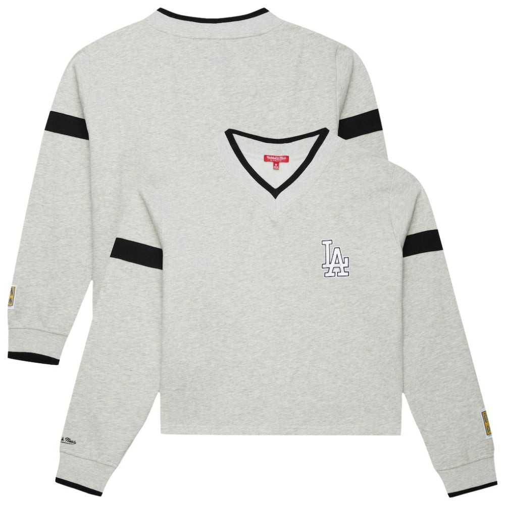 Los Angeles Dodgers Women's Cooperstown Collection V-Neck Cropped Toggle Sweatshirt Heather Gray | Mitchell & Ness