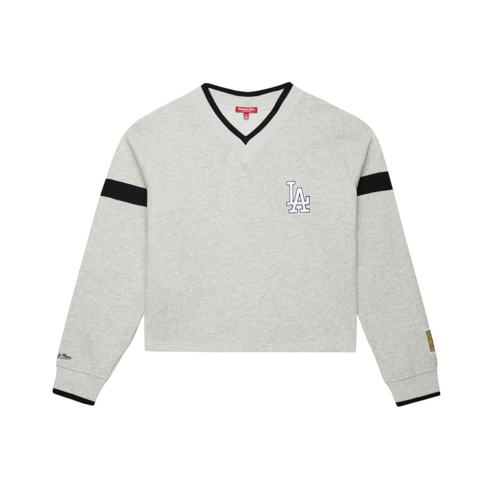 Los Angeles Dodgers Women's Cooperstown Collection V-Neck Cropped Toggle Sweatshirt Heather Gray | Mitchell & Ness