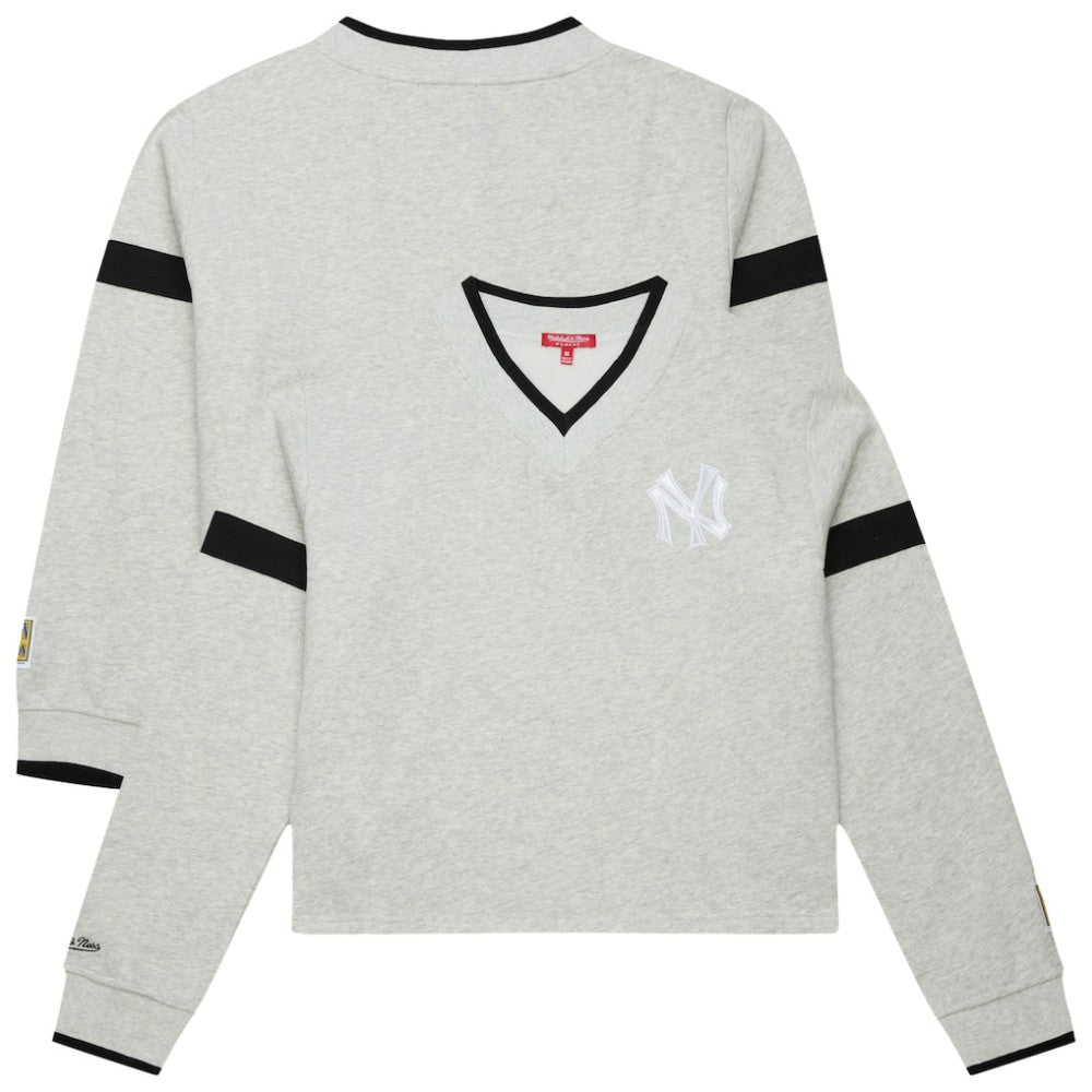 New York Yankees Women's Cooperstown Collection V-Neck Cropped Toggle Sweatshirt Heather Gray | Mitchell & Ness