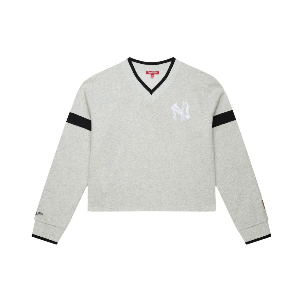 New York Yankees Women's Cooperstown Collection V-Neck Cropped Toggle Sweatshirt Heather Gray | Mitchell & Ness