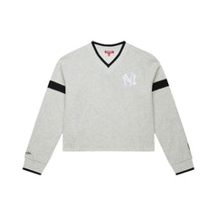 New York Yankees Women's Cooperstown Collection V-Neck Cropped Toggle Sweatshirt Heather Gray | Mitchell & Ness