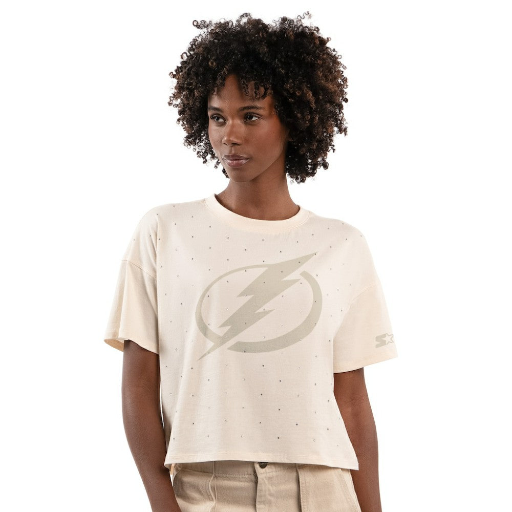 Tampa Bay Lightning Starter Women's Rhinestone Sprinkle Boxy Cropped T-Shirt Cream