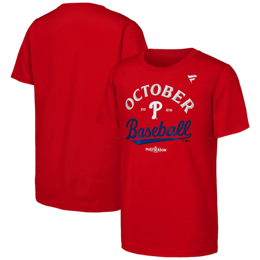 Philadelphia Phillies Youth 2025 MLB Postseason Locker Room T-Shirt Red