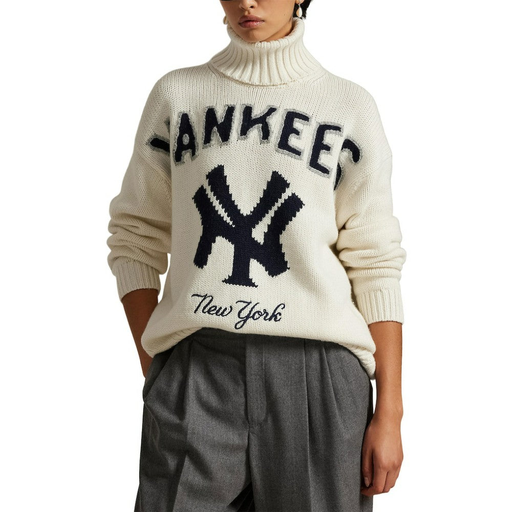 Yankees Polo Ralph Lauren Women's Wool-Blend Turtleneck Sweater Cream