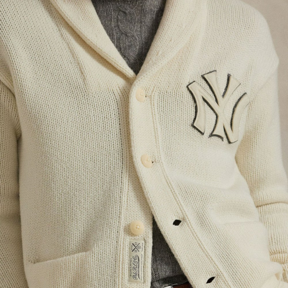 New York Yankees Polo Ralph Lauren Wool Shawl Button-Up Cardigan Cream