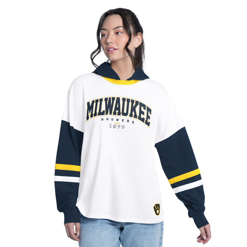 Milwaukee Brewers G-III 4Her by Carl Banks Women's Key Player Oversized Hooded Long Sleeve T-Shirt White/Navy