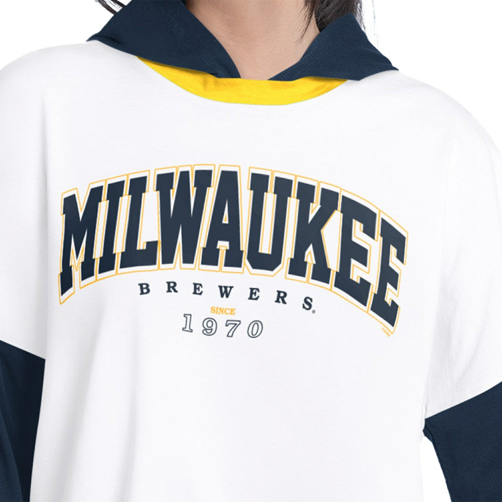 Milwaukee Brewers G-III 4Her by Carl Banks Women's Key Player Oversized Hooded Long Sleeve T-Shirt White/Navy